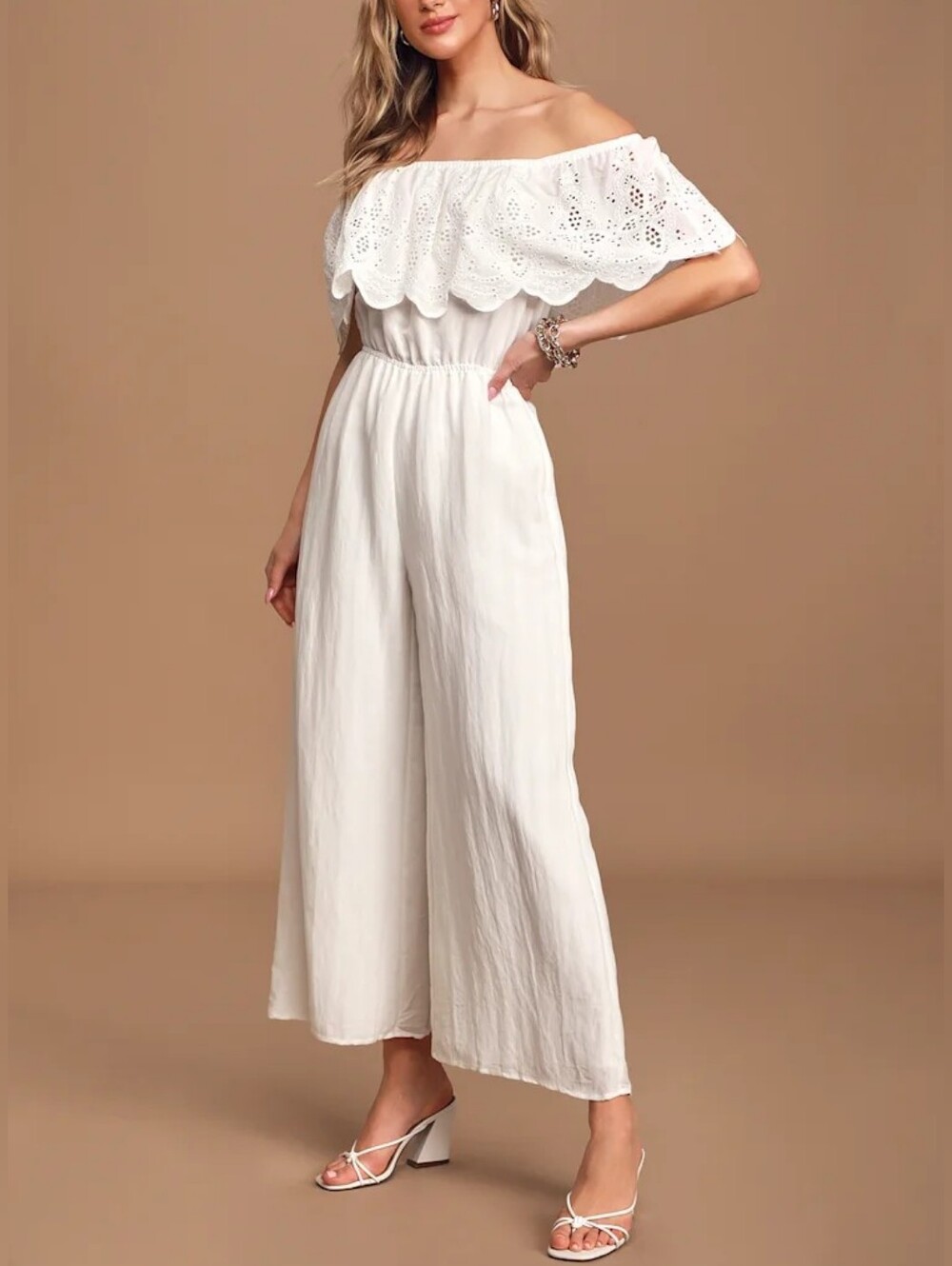 Lulus White Catch a Breeze White Eyelet Lace Off-the-Shoulder Jumpsuit